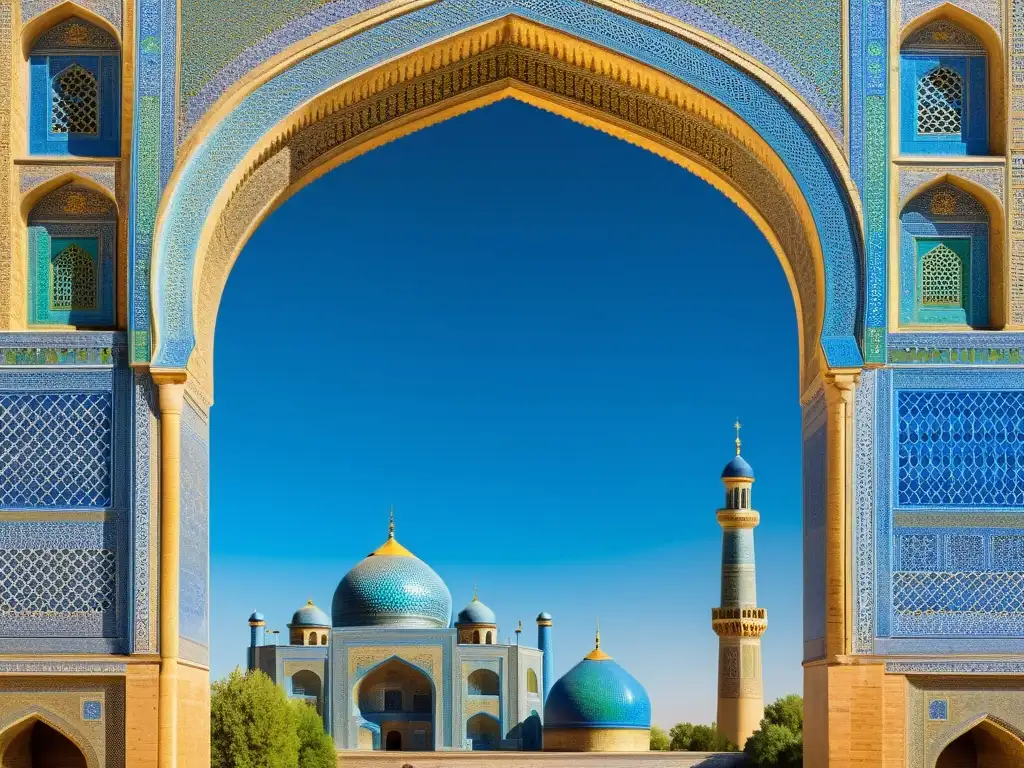 Encuentro entre Islam y tradiciones nómadas en la antigua ciudad de Samarkanda, Uzbekistán, con detalles de azulejos azules y minaretes imponentes