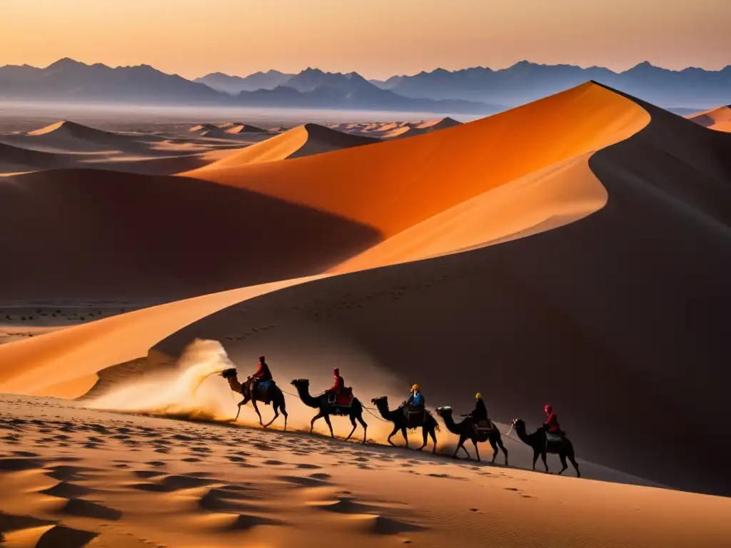 Encuentro entre Islam y tradiciones nómadas: Un amanecer impresionante sobre el vasto desierto de Turkestán, con luces doradas y sombras dramáticas