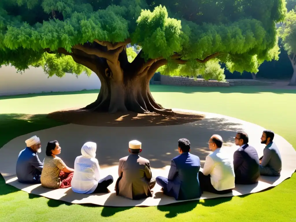 Enseñanza espiritual en el islam a través de historias orales: Grupo escucha con reverencia a anciano bajo árbol frondoso, luz solar entre hojas