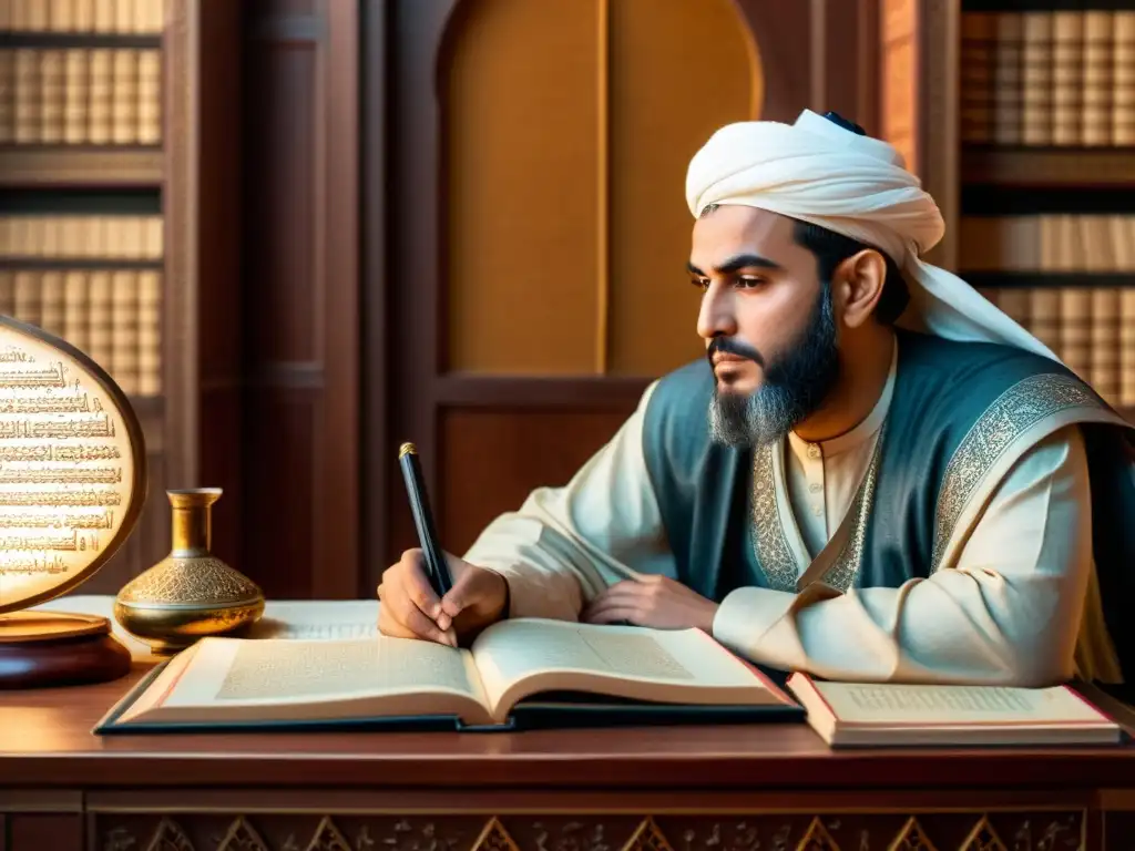 Ibn Tufail meditando en el conocimiento islámico Ibn Tufail reflexiona en un entorno académico con textos islámicos y utensilios científicos