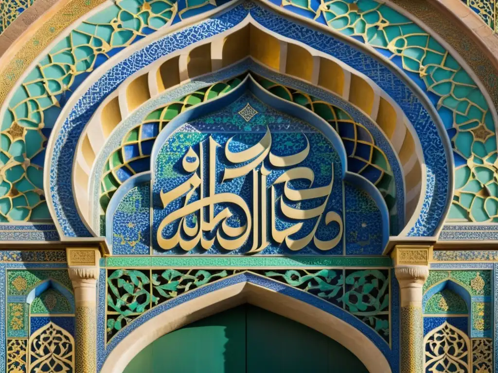 Entrada detallada de una mezquita de la dinastía Muzáffarida en Persia, con intrincados azules, verdes y dorados, y caligrafía elegante