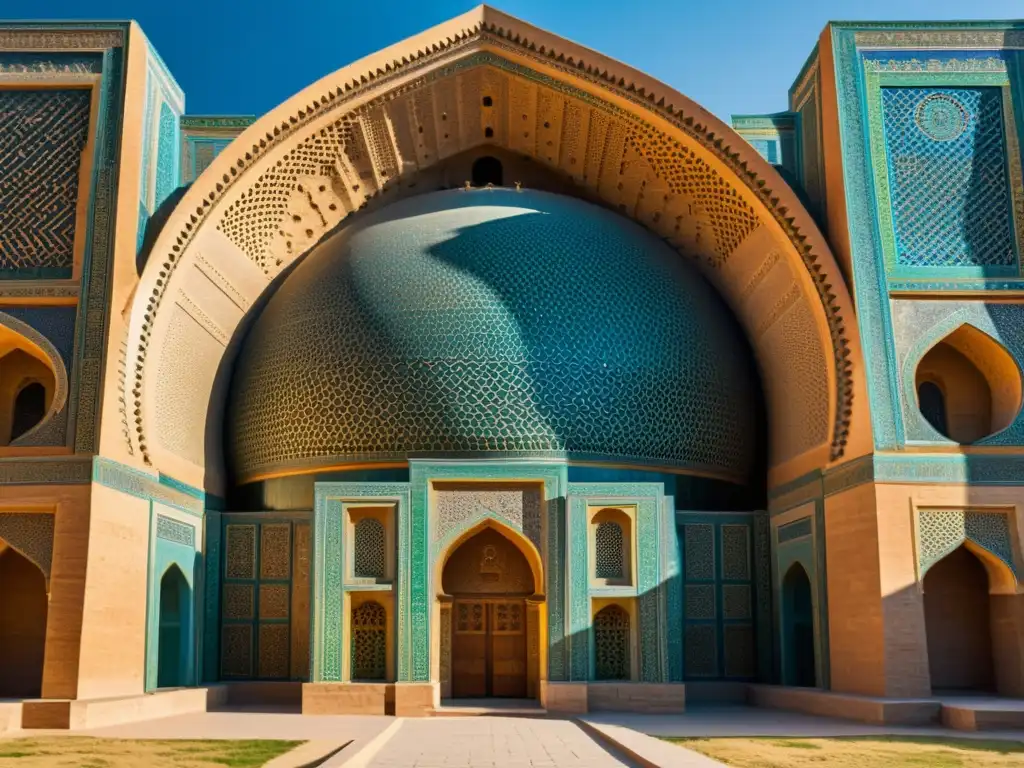 Entrada majestuosa del Observatorio Ulugh Beg en Samarcanda, con detalles geométricos y caligráficos