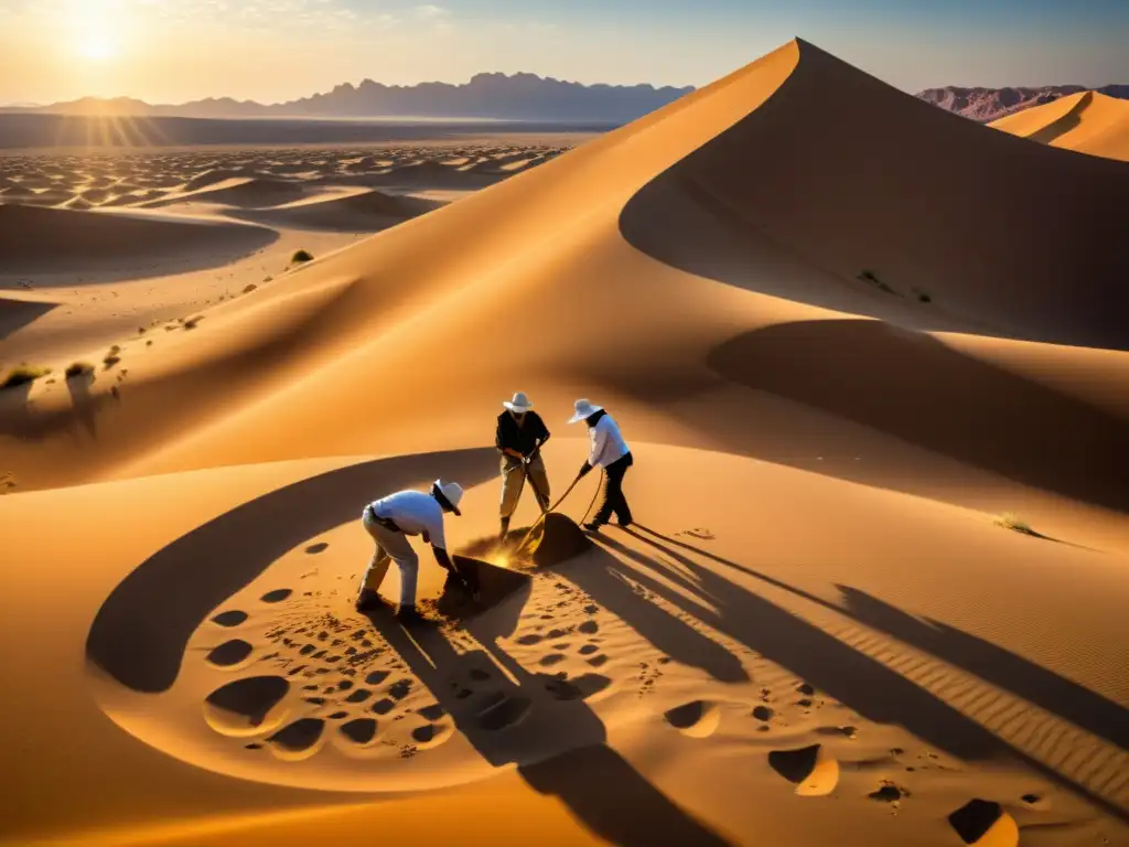 Equipo de arqueólogos desenterrando arte islámico en el desierto, con tecnología avanzada