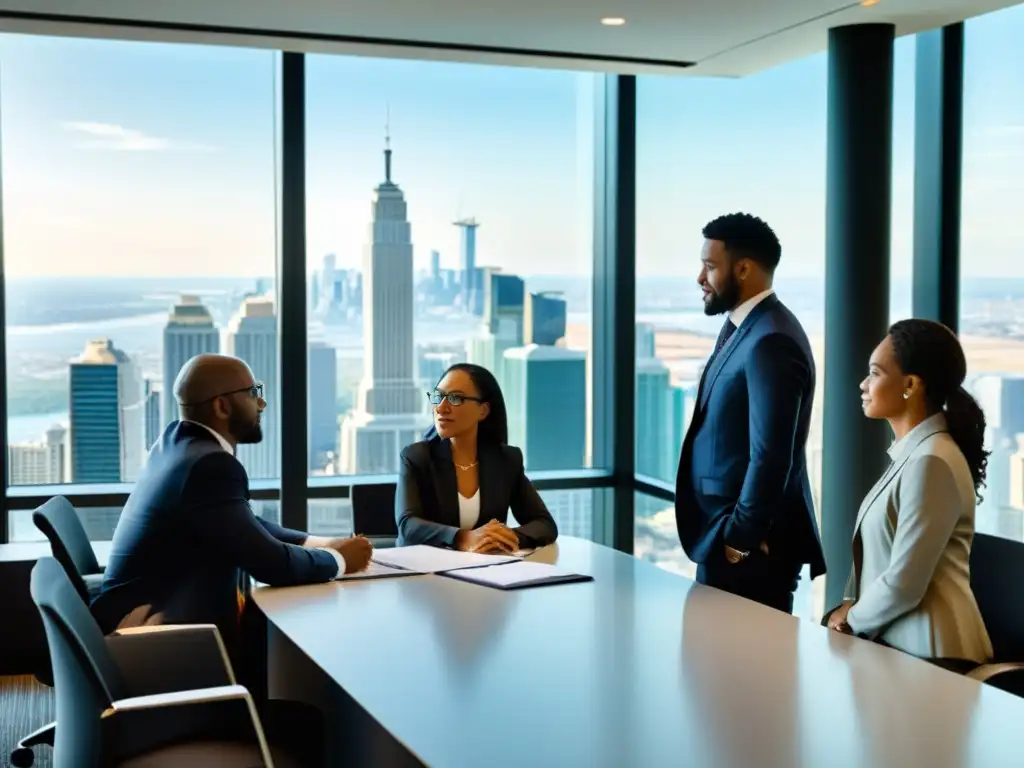 Un equipo diverso discute estrategias en una sala moderna con vista a la ciudad