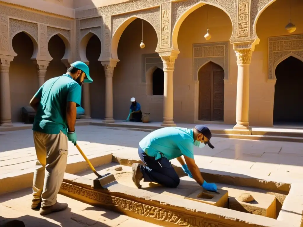 Un equipo de expertos en restauración cuida y repara con dedicación el patrimonio histórico de Bagdad en un patio soleado