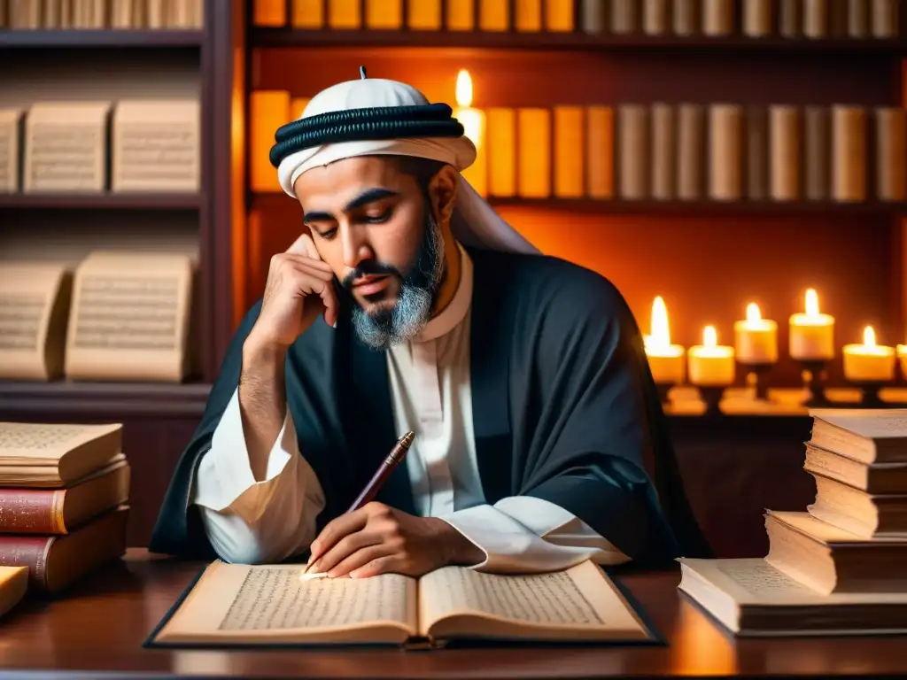 El erudito AlJahiz está inmerso en la escritura, rodeado de manuscritos antiguos