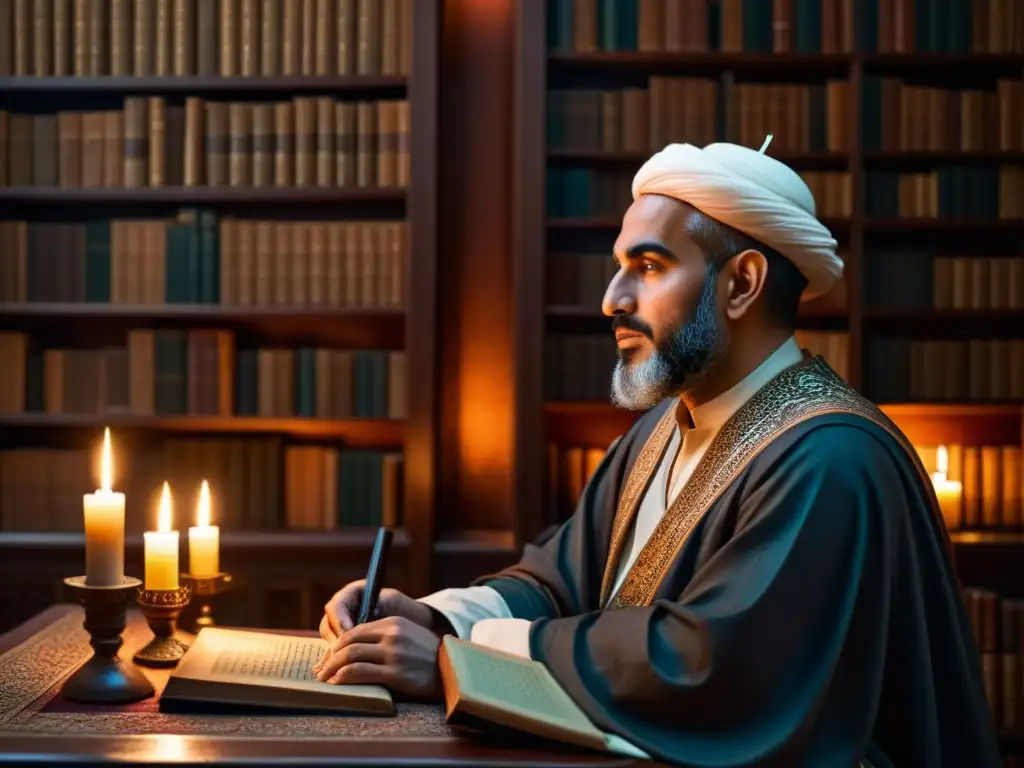 Un erudito árabe en su estudio, iluminado por una vela, refleja la influencia literaria y filosófica de Ibn Tufail