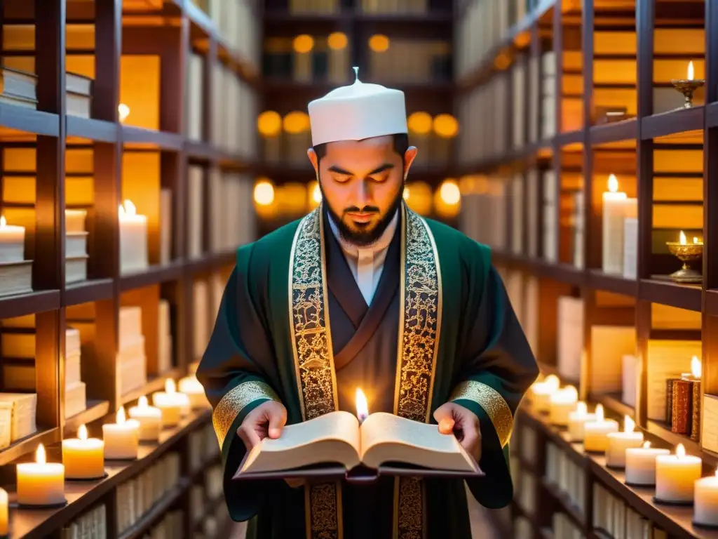 Un erudito en atuendo tradicional islámico traduce antiguos textos científicos a la luz de las velas, rodeado de estantes llenos de manuscritos encuadernados en cuero y instrumentos científicos