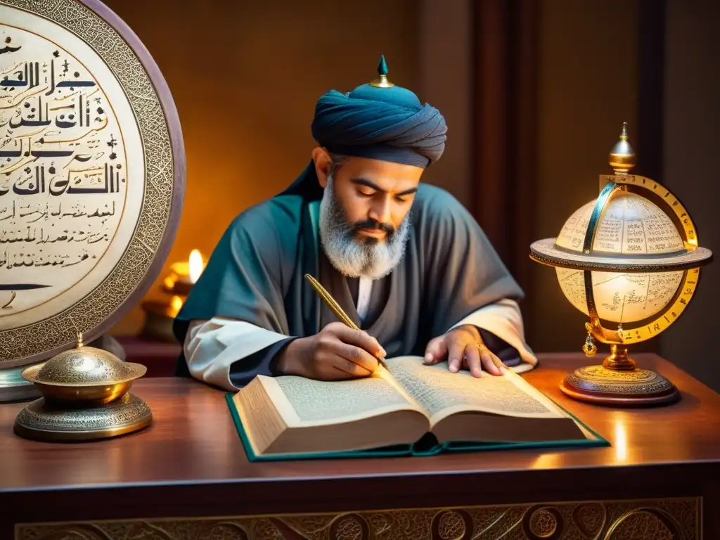 Un erudito islámico contempla manuscritos científicos rodeado de instrumentos antiguos