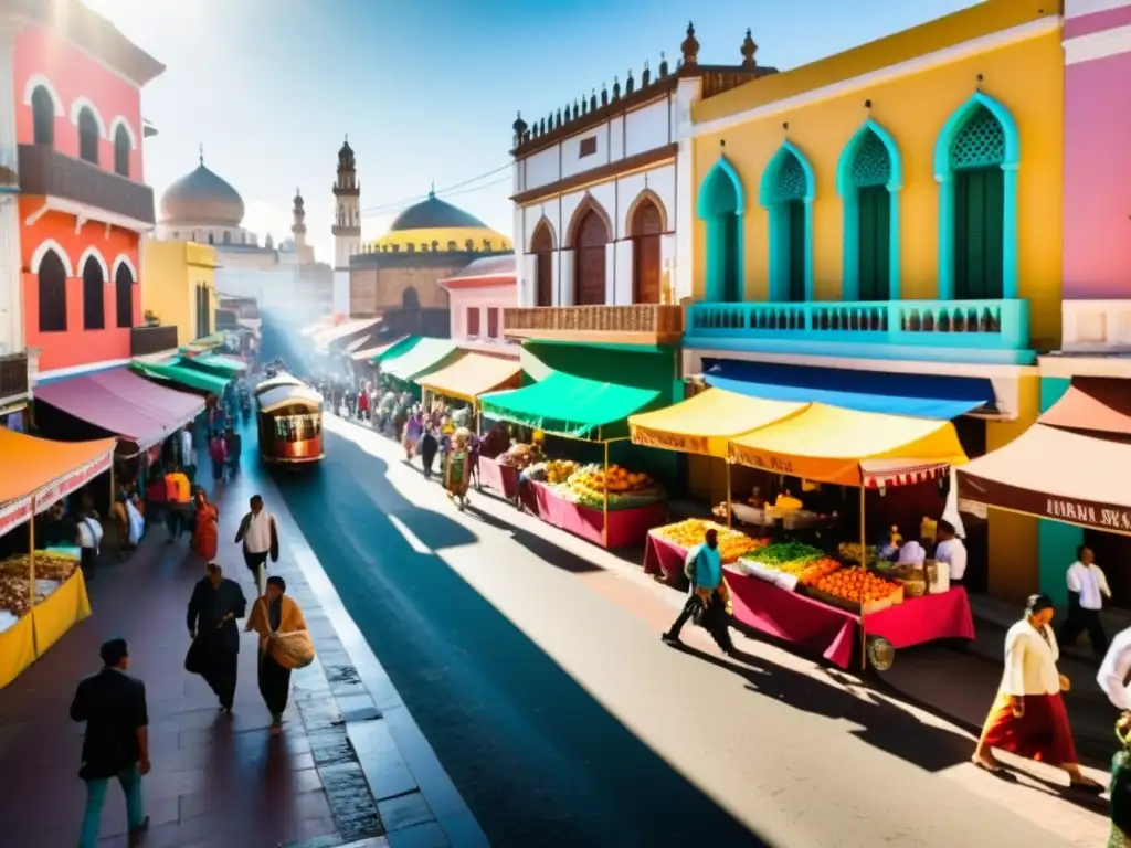 Escena animada en una calle de América Latina, con convivencia del islam en Latinoamérica