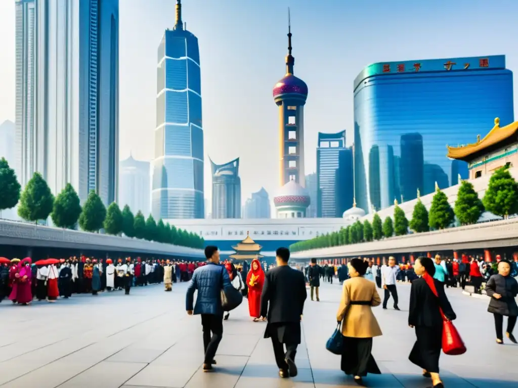 Escena animada en una ciudad china moderna, mostrando la integración de musulmanes Hui en la sociedad, entre rascacielos y actividad cotidiana