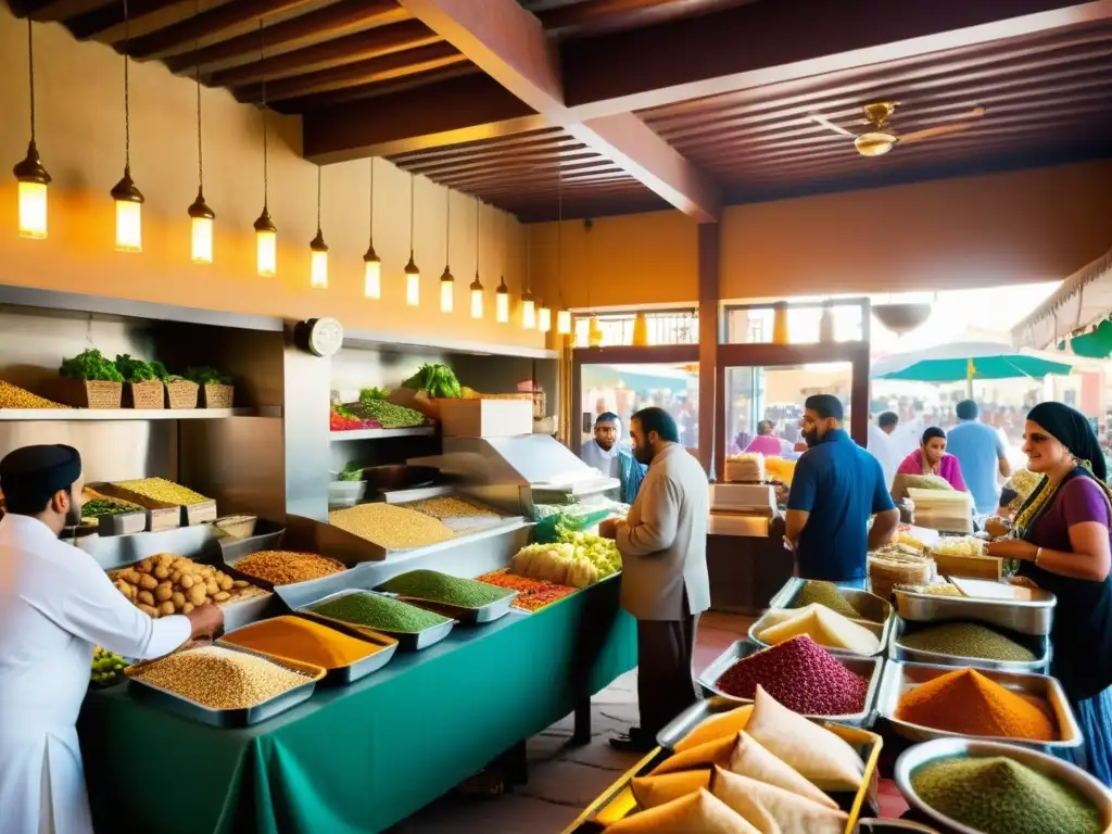 Escena animada de restaurante en un bullicioso mercado de Medio Oriente