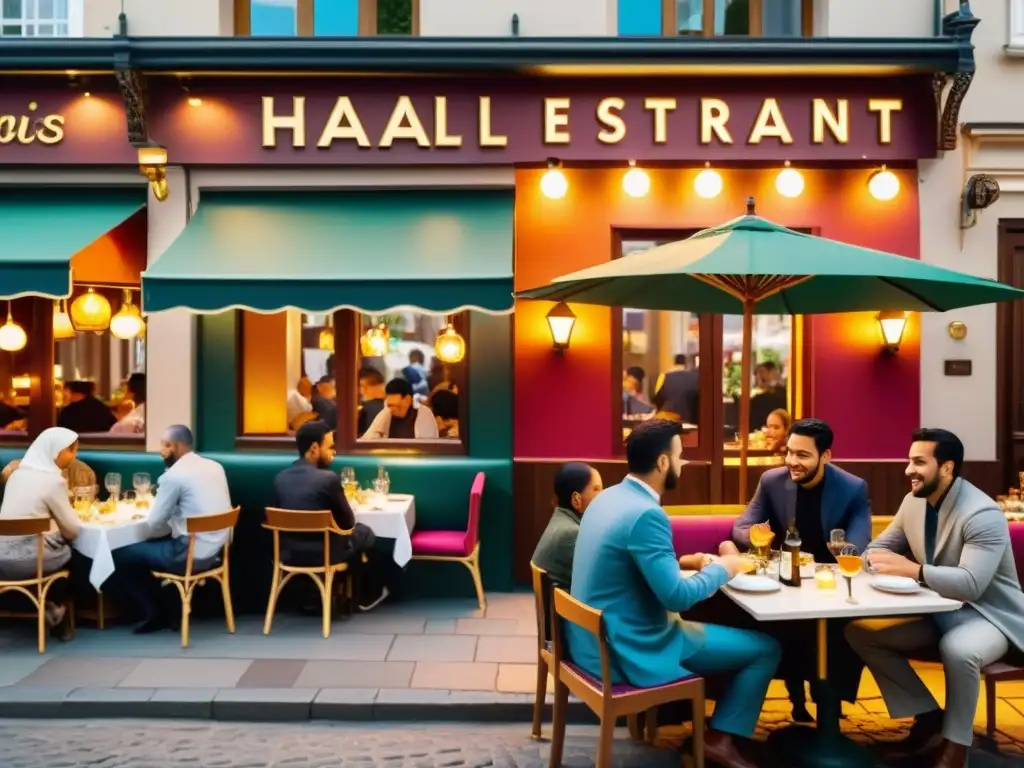 Escena animada de restaurante halal en una ciudad europea con gente diversa disfrutando de la comida bajo la cálida luz de las farolas