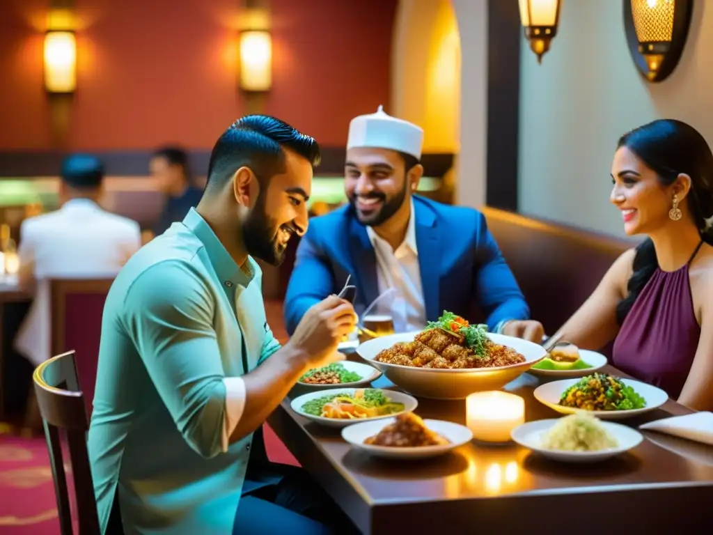 Escena animada en restaurante halal con cocina internacional, platos elegantes y ambiente acogedor