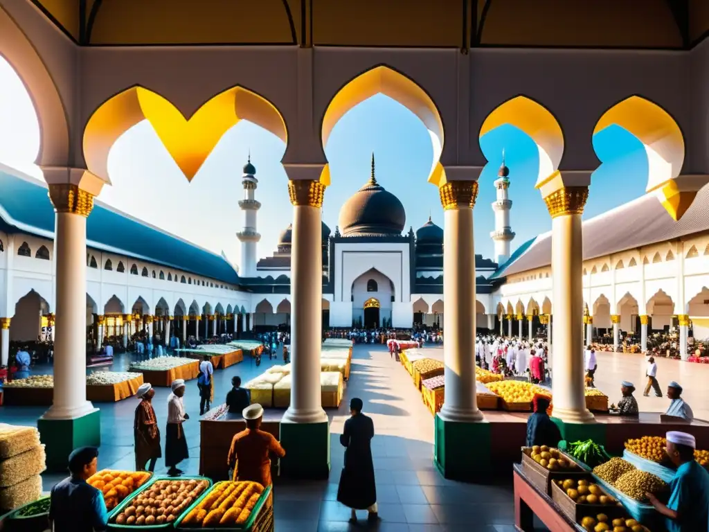 Escena bulliciosa de mercado en Indonesia, con comerciantes y clientes intercambiando en un entorno vibrante cerca de una majestuosa mezquita