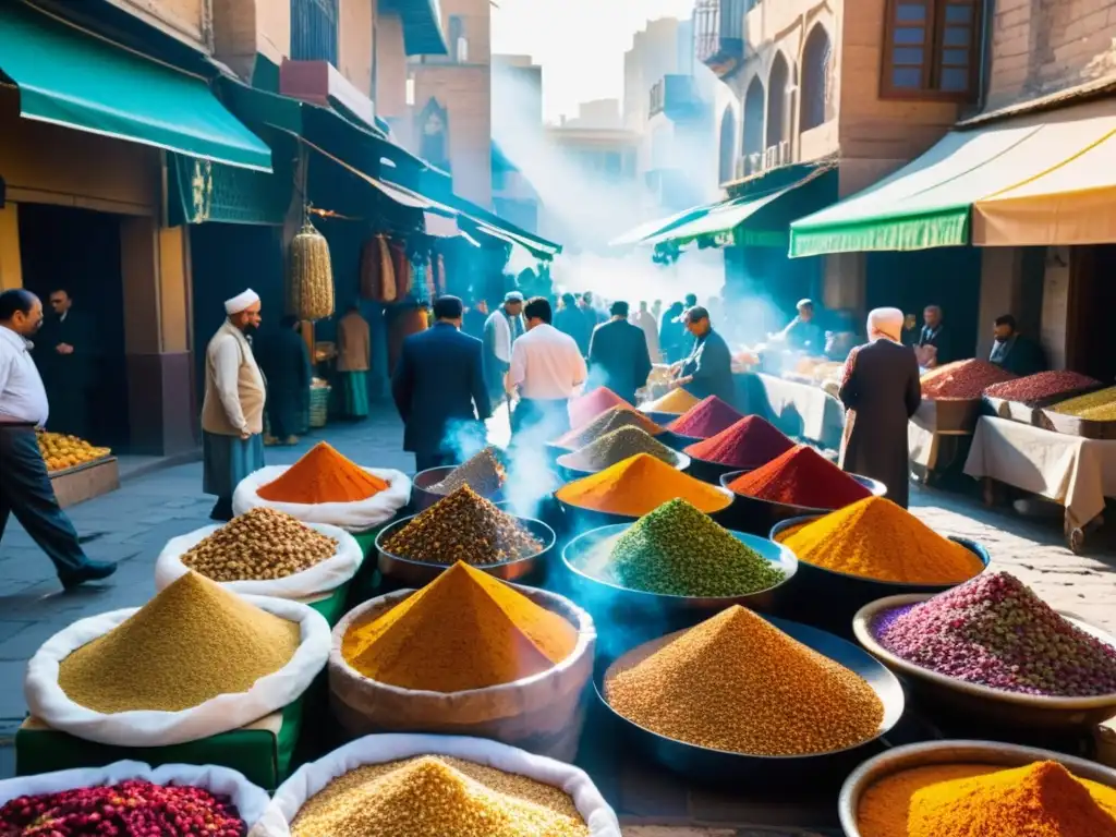 Escena bulliciosa de mercado persa con especias coloridas, frutas exóticas y platos tradicionales