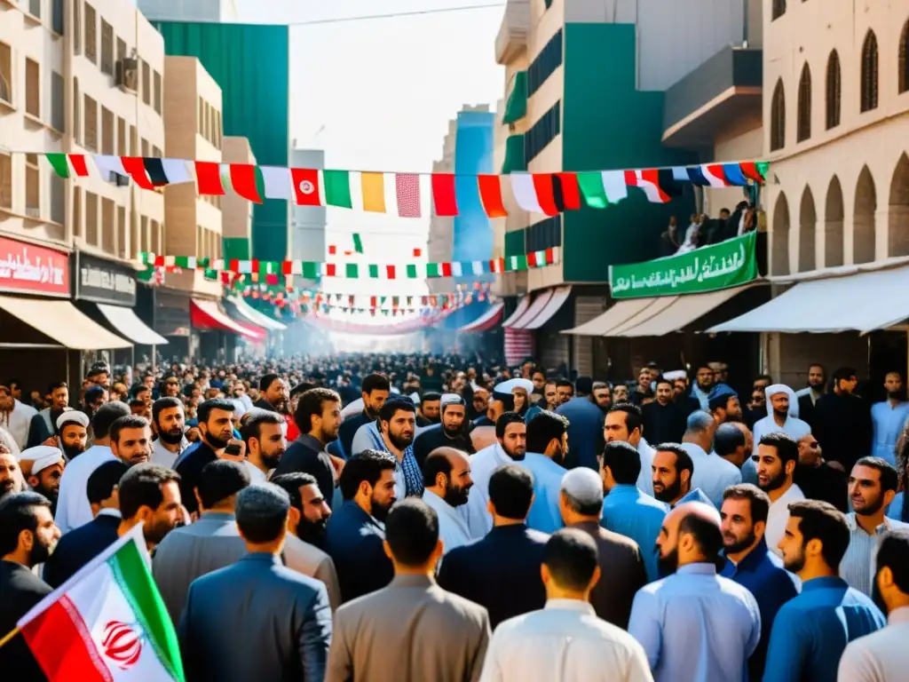 Escena de calle en el Medio Oriente con tensión y banderas de Irán e Iraq