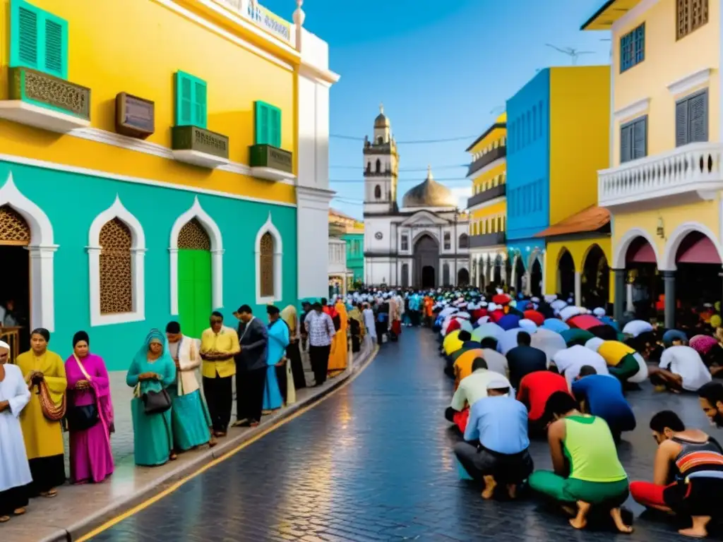 Oración musulmana en la bulliciosa calle brasileña Una escena callejera vibrante y bulliciosa en Brasil, con una multitud diversa realizando actividades diarias
