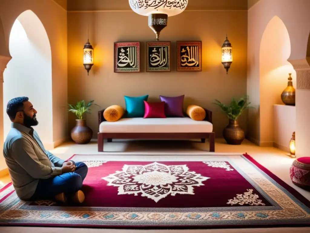 Una escena calmada y acogedora de terapia islámica, con un terapeuta y paciente en una sala bellamente decorada