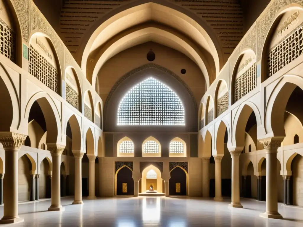 Escena de preservación del conocimiento en califatos: la grandiosa Biblioteca de la Sabiduría en Bagdad, con estudiosos traduciendo textos antiguos