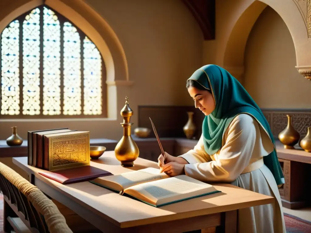 Escena detallada de una bulliciosa escuela médica islámica medieval, con mujeres participando activamente en discusiones y prácticas curativas