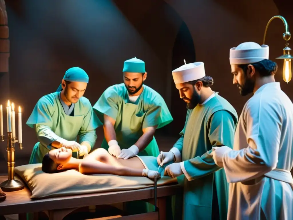 Escena quirúrgica islámica medieval: precisión y serenidad Escena detallada de cirugía islámica en un teatro medieval, destacando la precisión y los antecedentes de anestesia en la medicina islámica