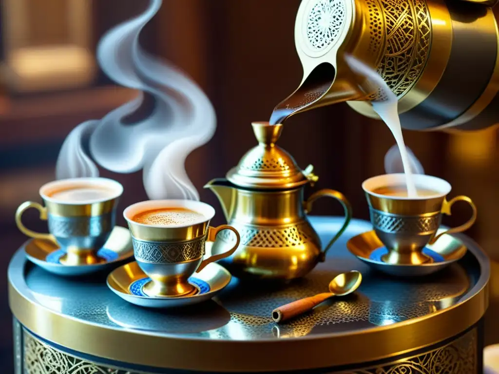 Una escena detallada de la tradicional ceremonia árabe del café, con un dallah de latón vertiendo café recién hecho en tazas ornamentadas