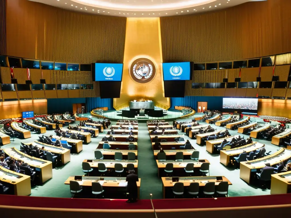 Escena diplomática en la Asamblea General de la ONU con visión islámica en diplomacia mundial