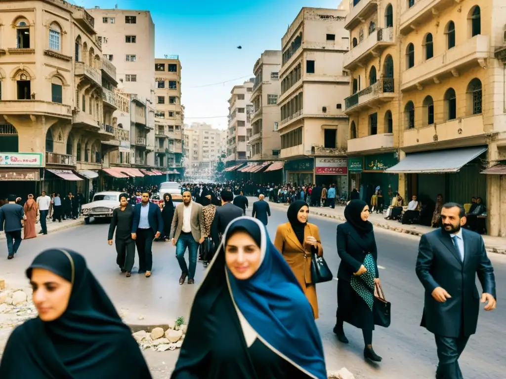 Escena de la Guerra Civil Libanesa con participación islámica en Beirut, mostrando diversidad y solidaridad en medio del caos urbano