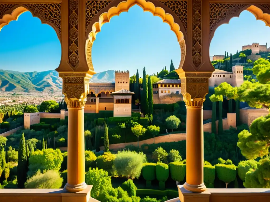 Una escena hipnótica que evoca la riqueza cultural del mundo islámico en Granada, con la Alhambra bañada por la cálida luz del atardecer