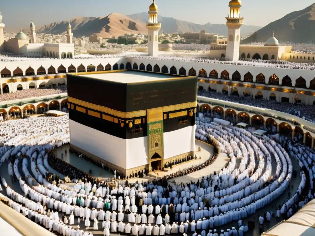 Una escena impresionante del Hajj en la Era Moderna, con peregrinos circulando la Kaaba, la mezquita iluminada y la logística en armonía