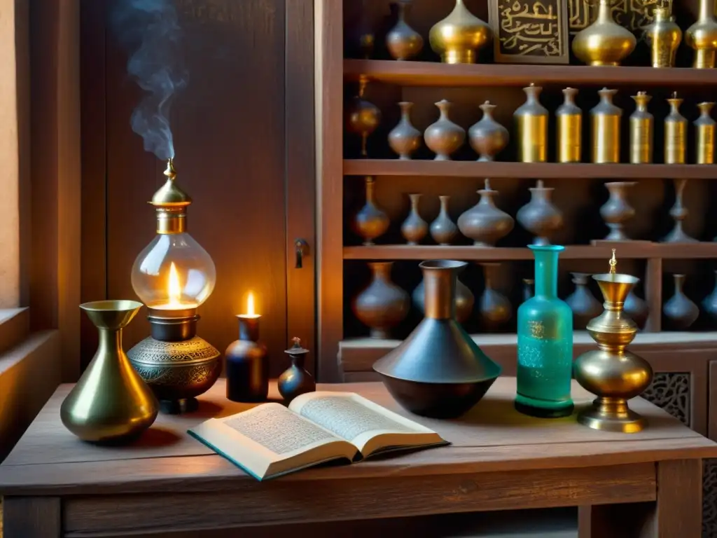 Escena de laboratorio alquímico islámico con mesa de madera, vidriería y figura misteriosa