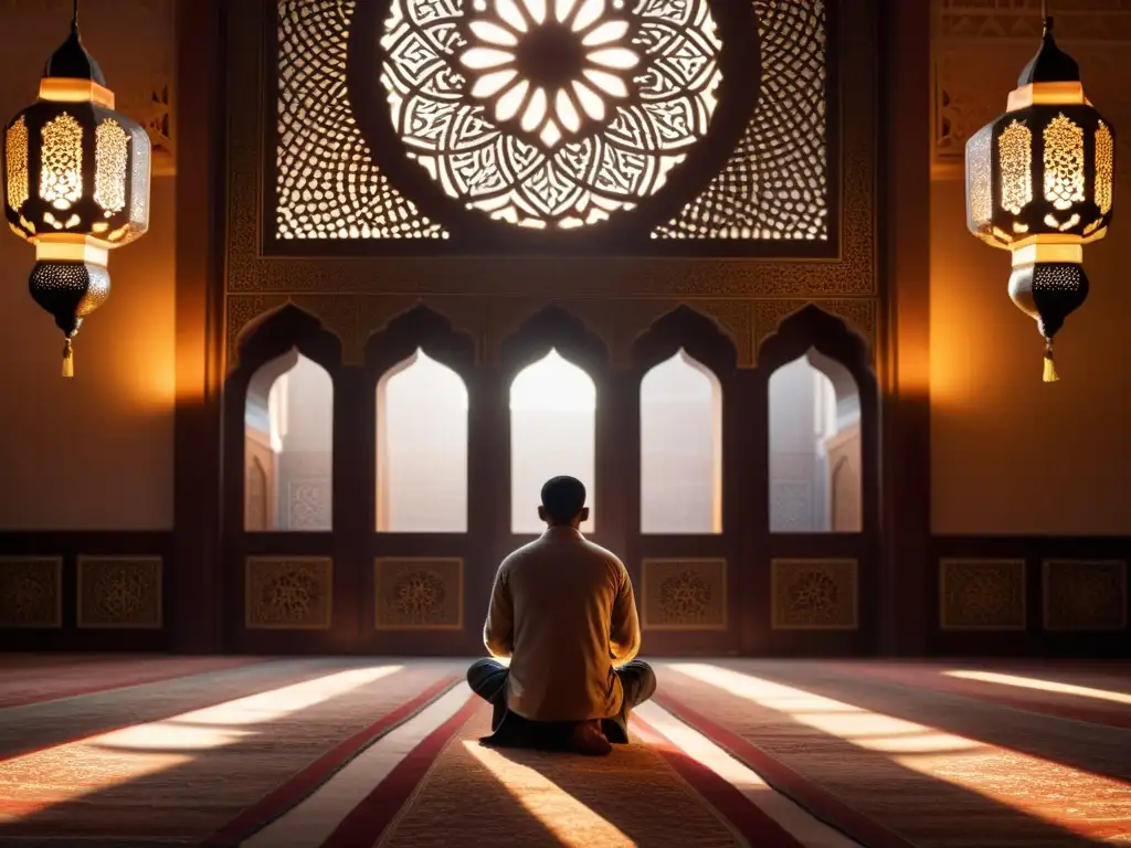 Una escena mística en el interior de una mezquita iluminada tenue, con patrones geométricos y cálida luz de lámparas ornamentadas