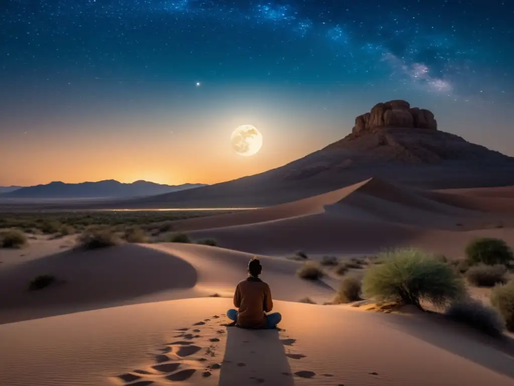 Una escena nocturna de profunda espiritualidad y tranquilidad, evocando el significado y tradición de Lailat alQadr en el desierto