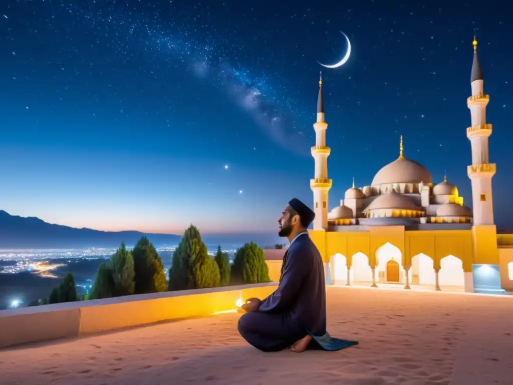 Una escena nocturna serena con un cielo estrellado, una luna creciente y el suave resplandor de una mezquita al fondo, iluminando el paisaje