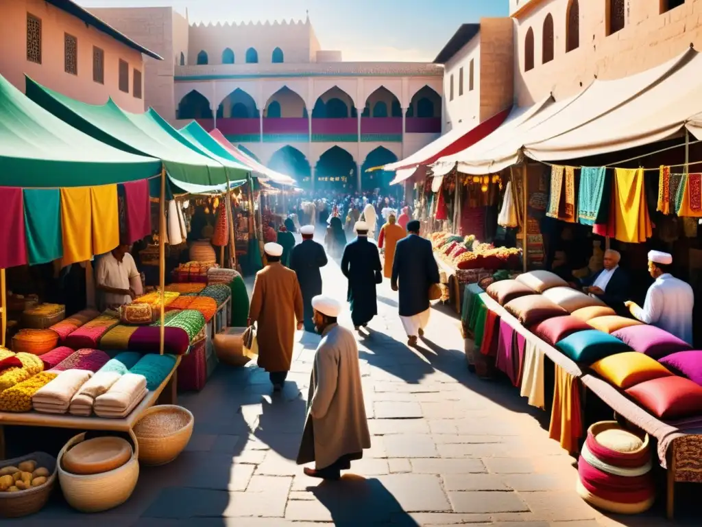 Escena realista de un animado mercado islámico, con textiles coloridos y prendas tradicionales