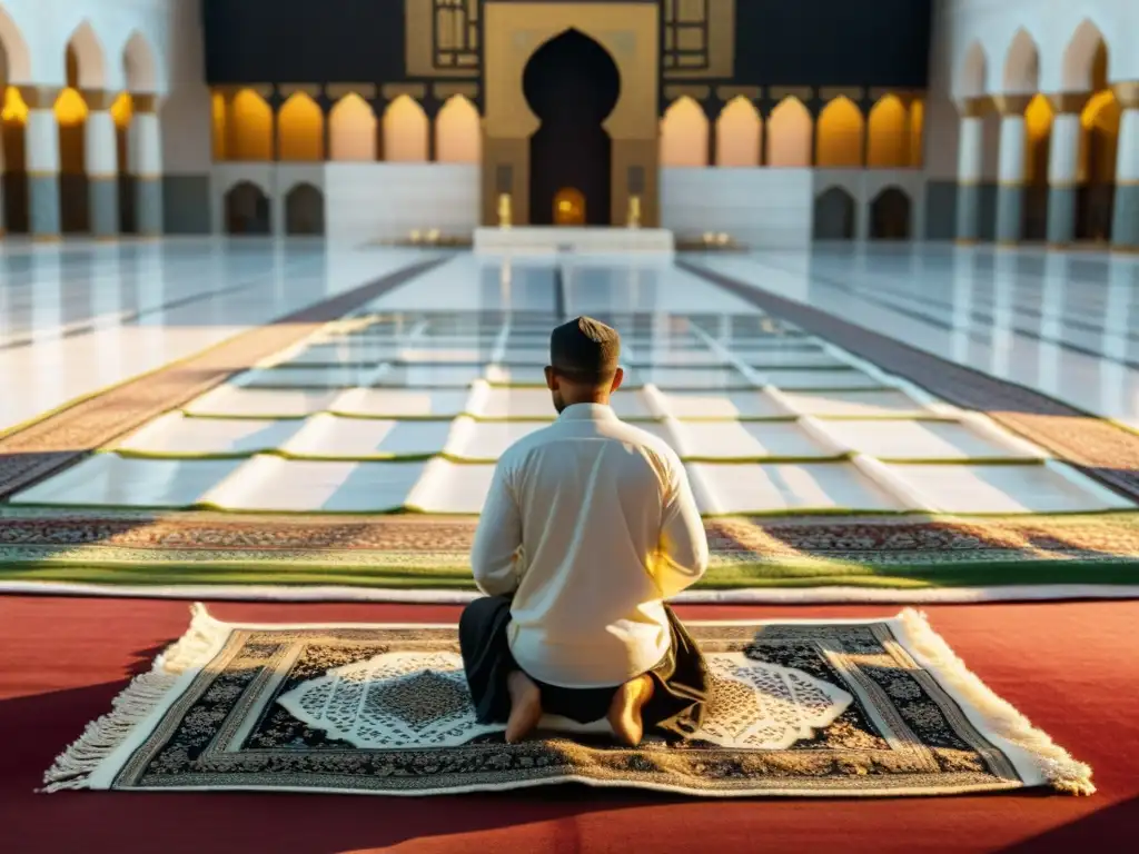 Una escena serena de oración islámica frente a la Kaaba, con detallados patrones en la alfombra y una cálida luz dorada al amanecer