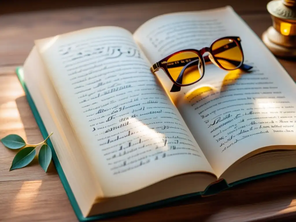 Una escena serena con un libro de poesía de Rumi sobre una mesa de madera iluminada, con antiguas gafas