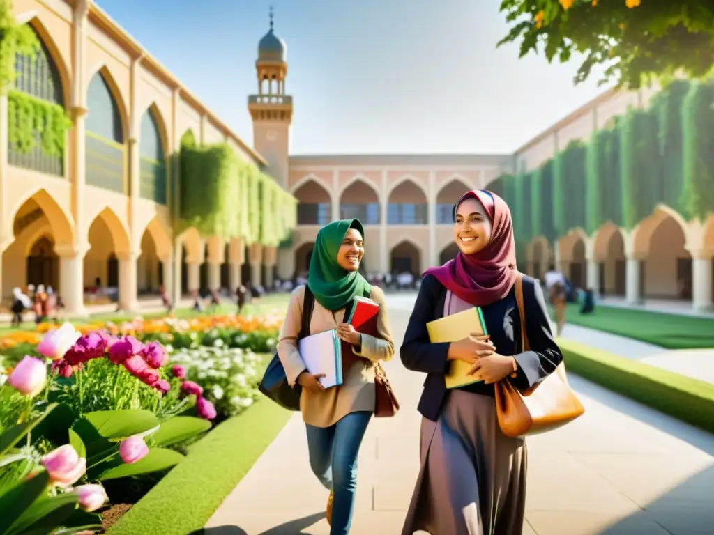 Escena universitaria en un país islámico: educación femenina en el islam con estudiantes llevando libros, luciendo coloridos hiyabs y arquitectura ornamentada, creando un ambiente académico acogedor