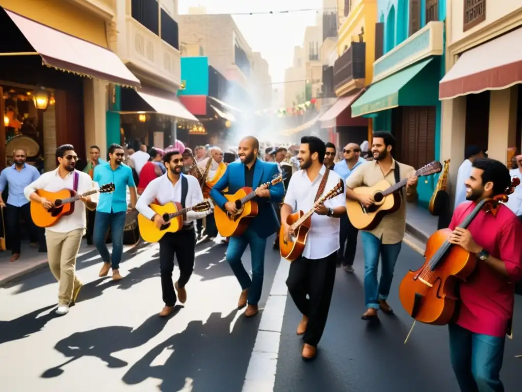 Escena urbana vibrante, músicos fusionan instrumentos orientales y occidentales, impacto cultural musulmanes música moderna