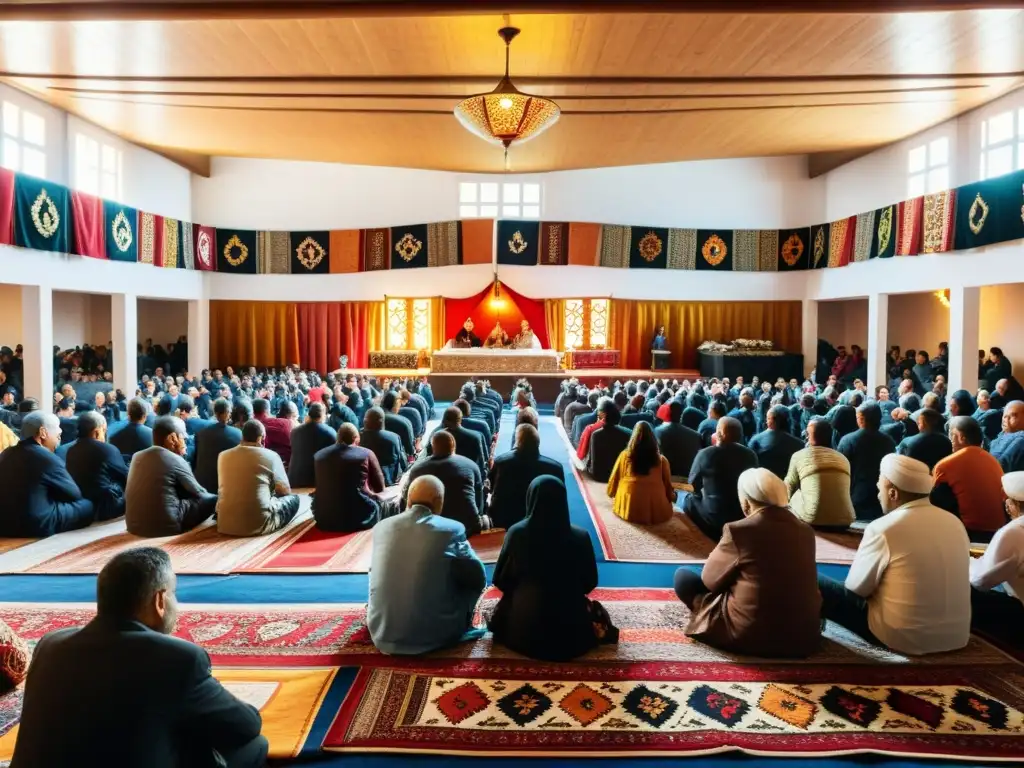 Una escena vibrante y acogedora de un centro comunitario Aleví en Turquía, donde se llevan a cabo actividades religiosas y culturales tradicionales