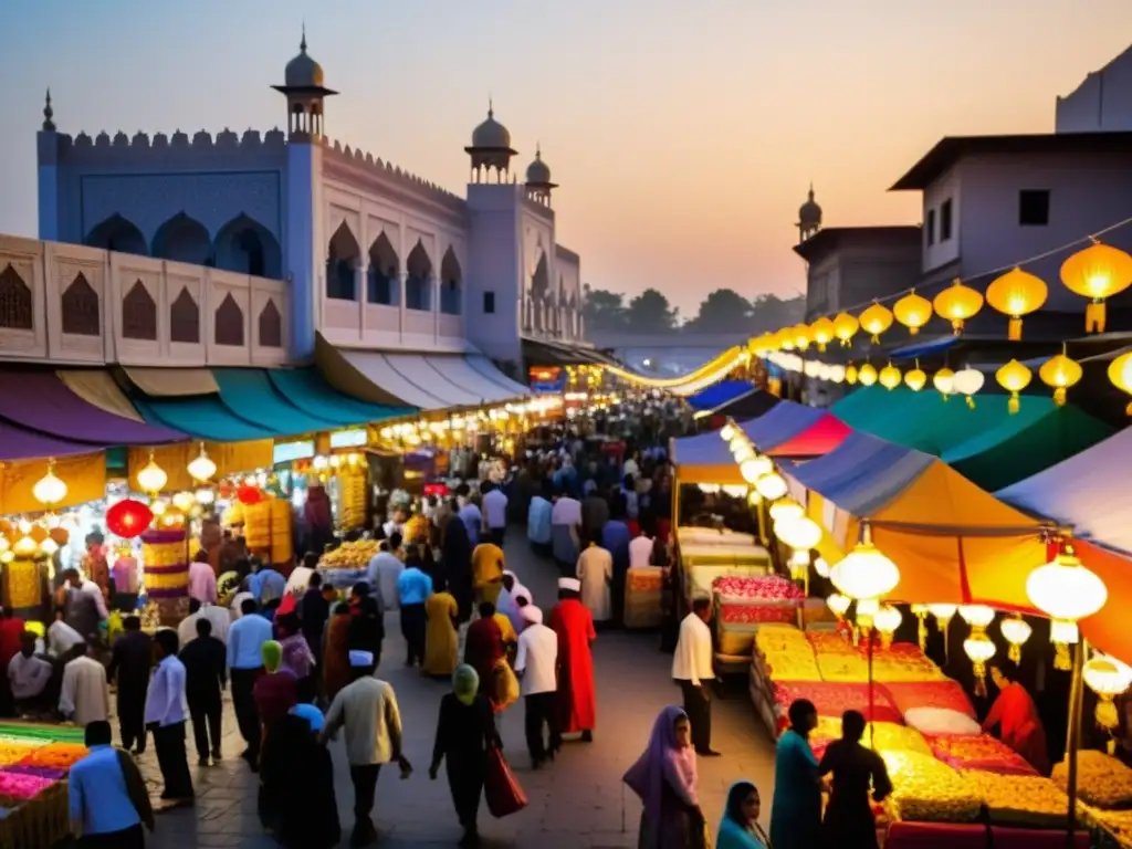 Escena vibrante en una feria musulmana durante Eid alFitr, con decoraciones coloridas y ambiente festivo en el mercado al atardecer