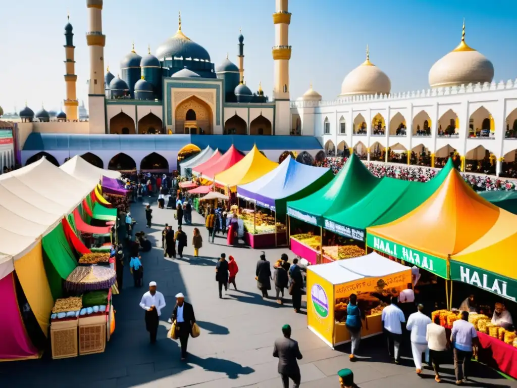 Escena vibrante de un festival Halal 2022 con gente disfrutando de comida y música, mostrando la riqueza cultural