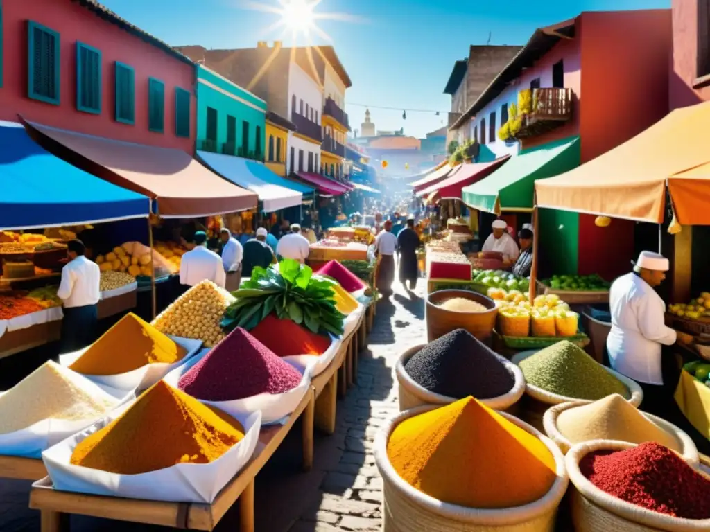 Escena vibrante de mercado en ciudad latinoamericana, integración gastronomía islámica cocina latinoamericana, colores, sabores y diversidad