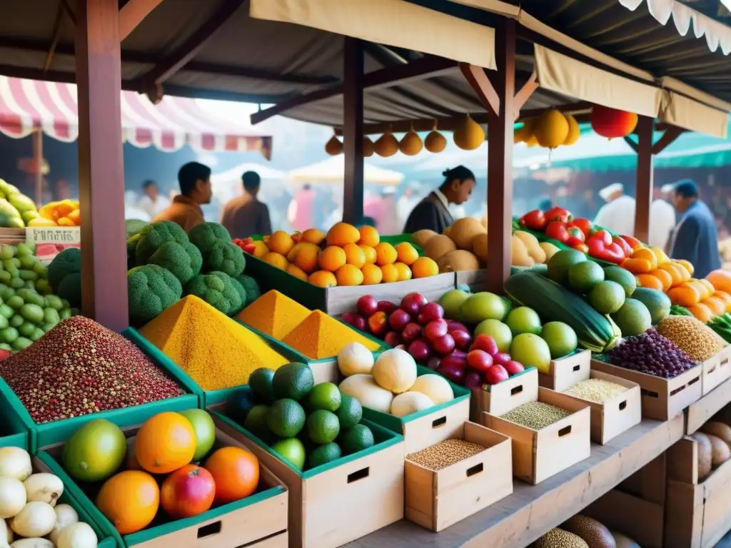 Una escena vibrante de un mercado tradicional con frutas, verduras y especias