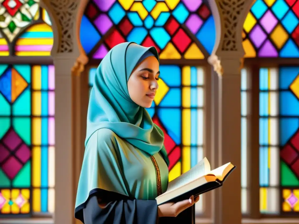 Una escena vibrante de moda modesta islámica en una hermosa mezquita, donde mujeres y niños participan en actividades comunitarias y devocionales