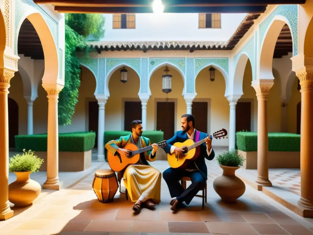 Una escena vibrante de músicos andaluces en un patio histórico, con luz dorada y sombras dramáticas