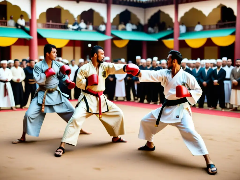 Escena vibrante de técnicas ancestrales de combate en el Islam en un bullicioso mercado, con artistas marciales en trajes tradicionales