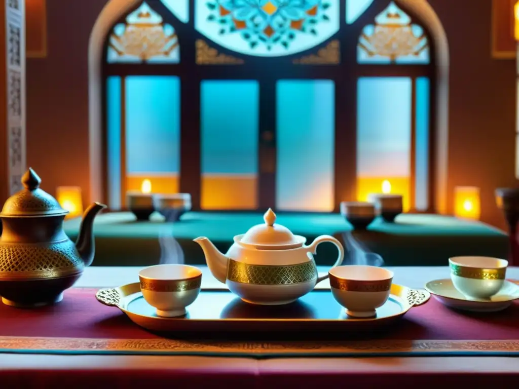 Un escenario exquisito de un ritual del té islámico en una sala bellamente decorada, con detalles intrincados y una atmósfera vibrante