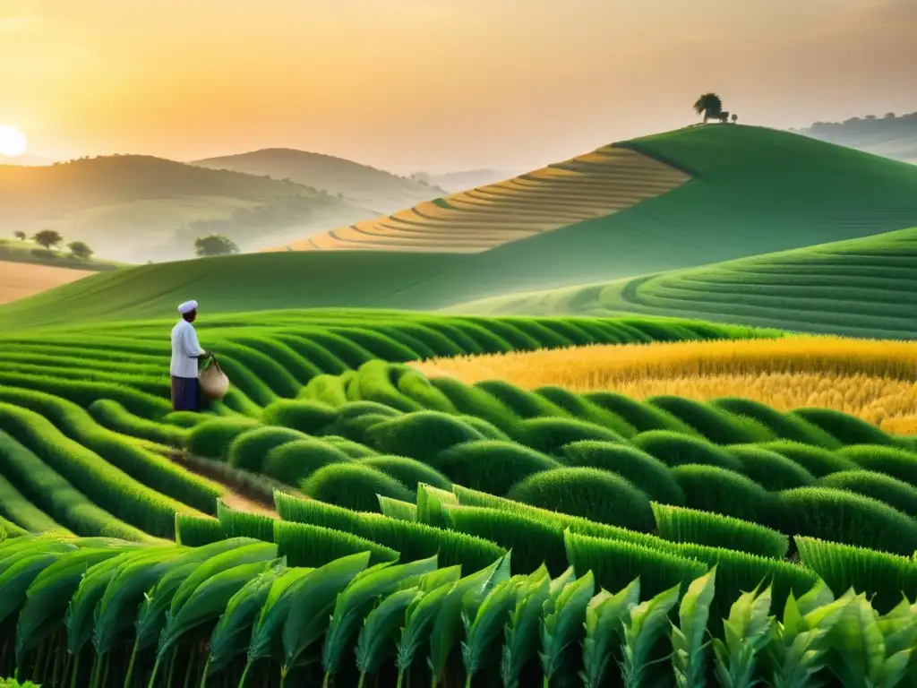 Un escenario agrícola exuberante y vibrante con un agricultor islámico cuidando de sus cultivos